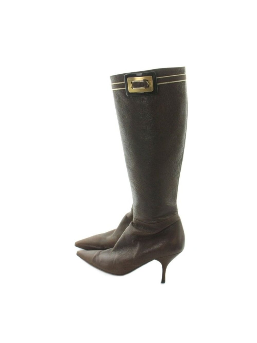 Prada Long Boots Pointed Toe Heels Leather Gold 36.5 Brown